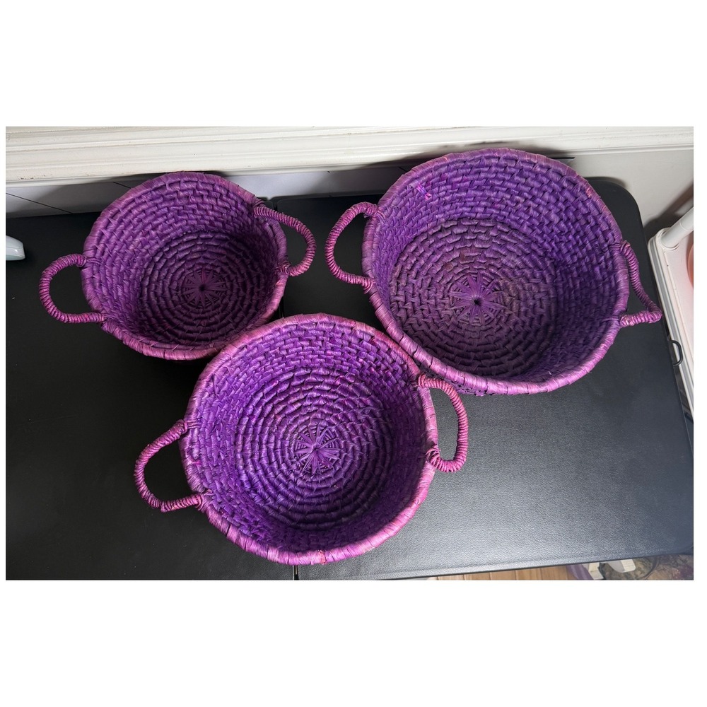 Set of 3 Woven Nesting Baskets Purple Boho Decorative Storage Handles